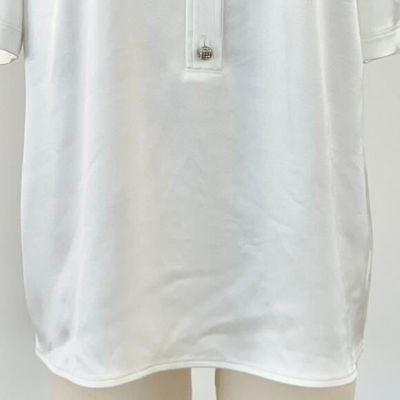 St. John Embellished Buttons Short Sleeve Top Blouse Stretch Satin Ivory Size 12 - Picture 3 of 11